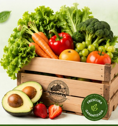 Caja con frutas y verduras frescas